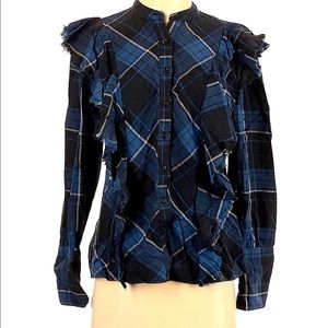 Maison Cinqcent button down flannel cotton long sleeve shirt ruffle plaid XS